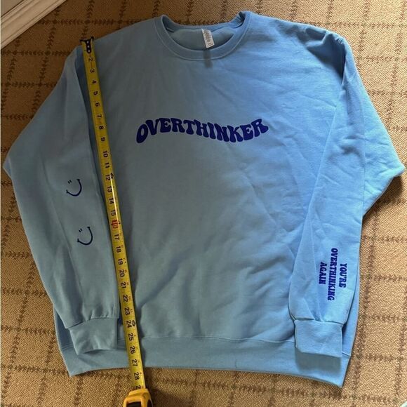 Light blue crewneck sweatshirt long sleeved  "Overthinker" in navy text NWOT XL - Picture 8 of 10